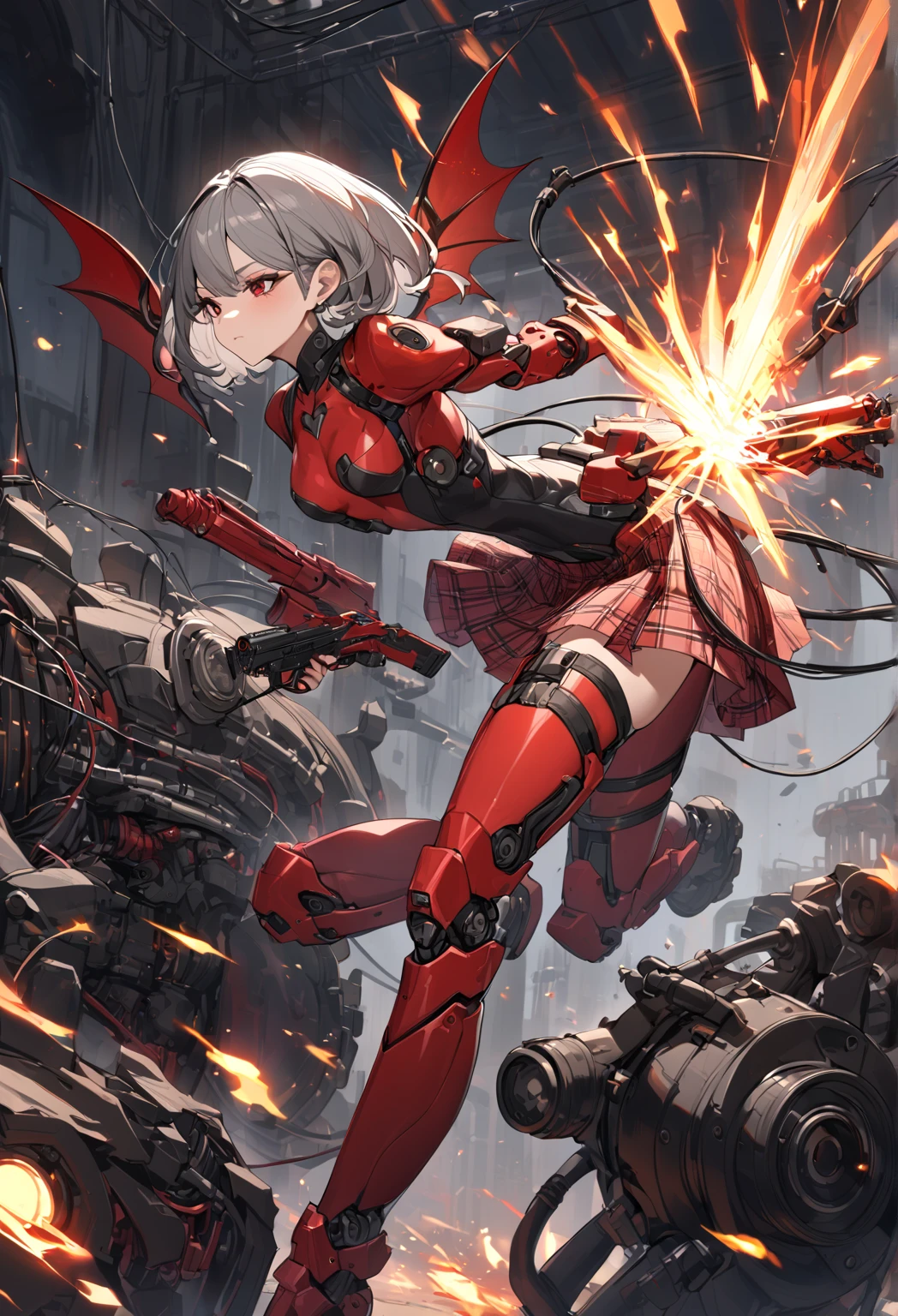 A boy of about 7 years old with silver hair and red eyes is blowing up the city. Shota Cyborg. His right arm has been transformed into a cannon.、Red energy is emitted、It pierces the building, giving off a sense of speed. A cannon charged with a large amount of blue energy appears from its back.