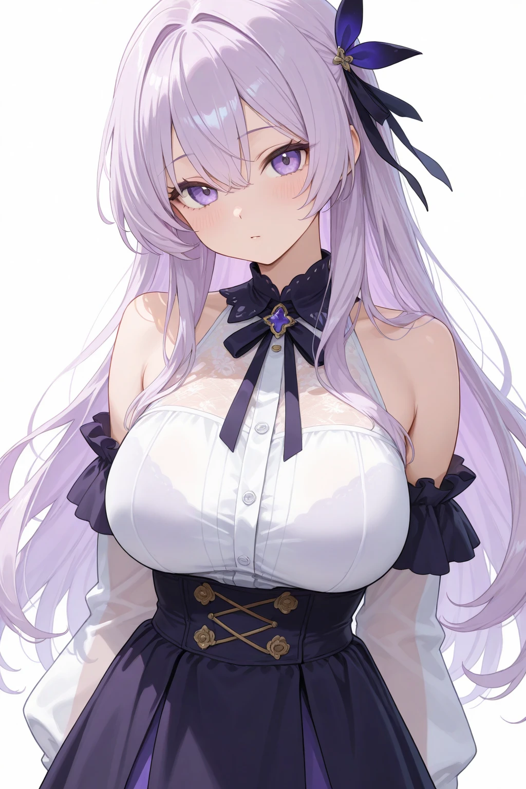 Mimori Byakuya , long, almost white, lilac hair with two buns of hair on each side of her head, big and voluminous chest, lolita body, pale white skin, big blue eyes, with white corset ( with details of beads and lace) , with a pink bow around her neck and white shorts with dark purple stockings.