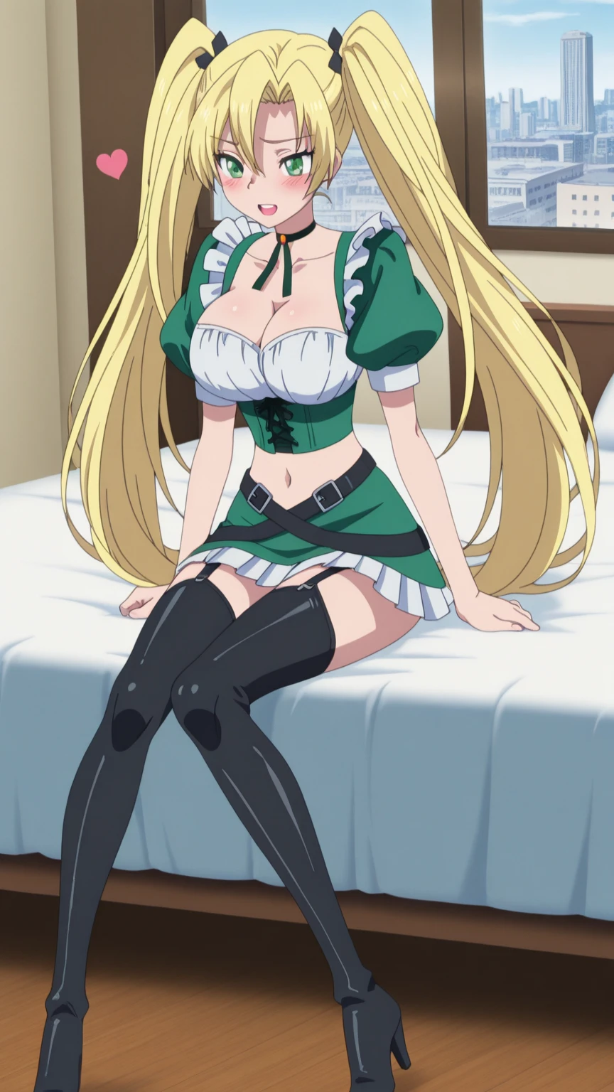 (masterpiece),best quality,ultra-detailed, perfect hands(Delicate finger expression), perfect legs, Delicate eye expression, delicate face expression,1girl (teles(naked body), earrings, jewelry, blonde hair, long hair,green ribbon, green eyes), looking at viewer, closed mouth(wicked smile), Solo, full body, maid (black,ultra miniskirt), maid headdress, in a bedroom, standing , Sexy waist teasing, provocative pose, beautiful women, Cute little girl