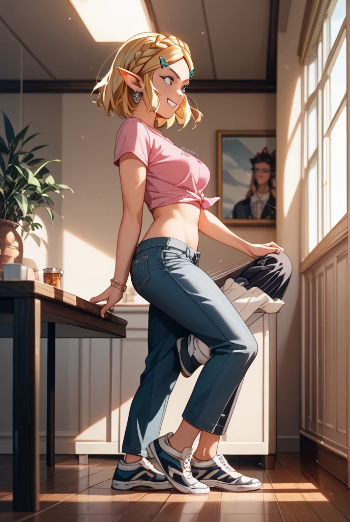 score_9, score_8_up, score_7_up, source_anime, Spider Gwen Stacy, exposed breasts, yoga pants, long legs, one leg up, standing, tiptoe, bare feet, dojo