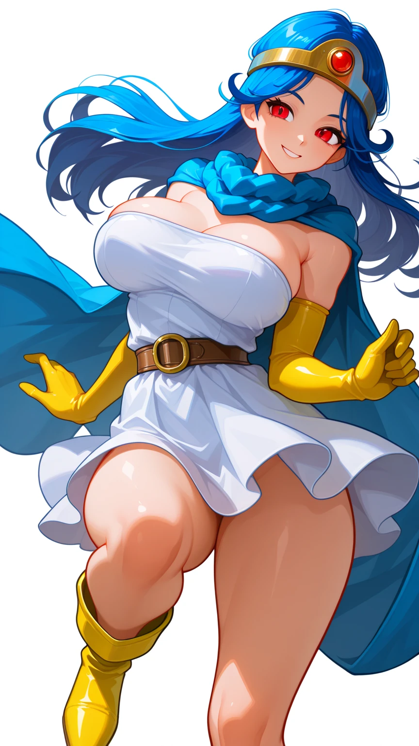 blush, smileglowing aura, natural light, masterpiece,  glossy skin, juicy lips , sexy, hot, cleavage, evil,juicy lips, bimbo, ((Clair)), pokemon, hour glass figure, blue hair,  (slendered abs:1.4), wide eyes, blue eyes, (gigantic breasts:1.2), ponytail, dark lighting, long hair, pink bow, (black boots), light blue hair, juicy lips, ((blue leotard:1.2)), ((blue shorts:1.3)), blackcape, (((smirk)))