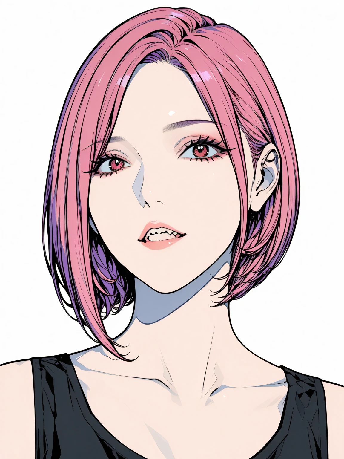 1 girl , green eyes, very Short hair, pink choker, lipstick, Shy smile, pink hair , portrait , ponytail