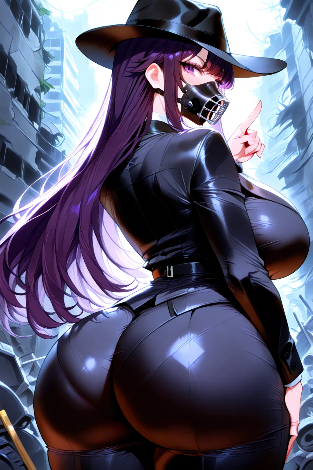 view from left side, Side view, (Best quality,4K,8K,A high resolution,Masterpiece:1.2),Ultra-detailed,(Realistic,Photorealistic,photo-realistic:1.37),hdr,hyper HD,Studio lighting,Ultra-fine painting,Sharp focus,Physically-based rendering,Extreme detail description,professional,Horror,anime,Sci-fi,Photography,Concept artist,Five fingers,huge tit,Crazy swollen breasts, Buttock augmentation,Bursting chest,A 40-year-old female assassin fights with a large group of men,In the alleys at night,Dirt and long legs,Fitness model, She struck a fighting stance, Long purple hair,Wearing a black mask, The whites of the eyes and pupils are clearly colored,170cm tall,Fair skin,Wearing a black latex jumpsuit,A black hooded cloak was draped over his clothes, handheld dagger, full bodyesbian,Cowboy shot,Look down from above, ((The men looked at her intently:1.5)), ((These people all put on a fighting posture:1.5)),((The men gathered around her in a circle:1.5)), Standing in Cospali Promotions,All roles,Shot with Canon 5D MK4,Cospali photo.