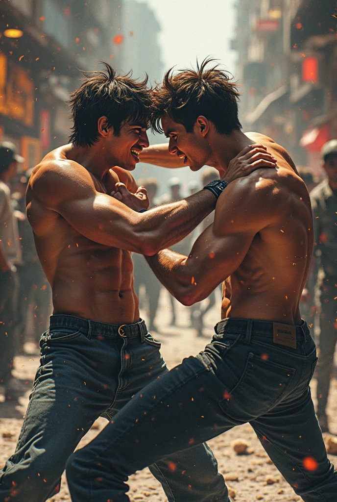Masterpiece, best quality, two extremely handsome filipino men, muscular, smiling, looking directly at each other lovingly, hugging, standing in front of a huge rainbow flag, in a crowded gay circuit party, rainbow flags everywhere, festive celebration atmosphere, very romantic, confetti, sexy rainbow underwear, homoerotic, perfect body, perfect face, perfect hands, perfection, cinematic lighting, cinematic shadows