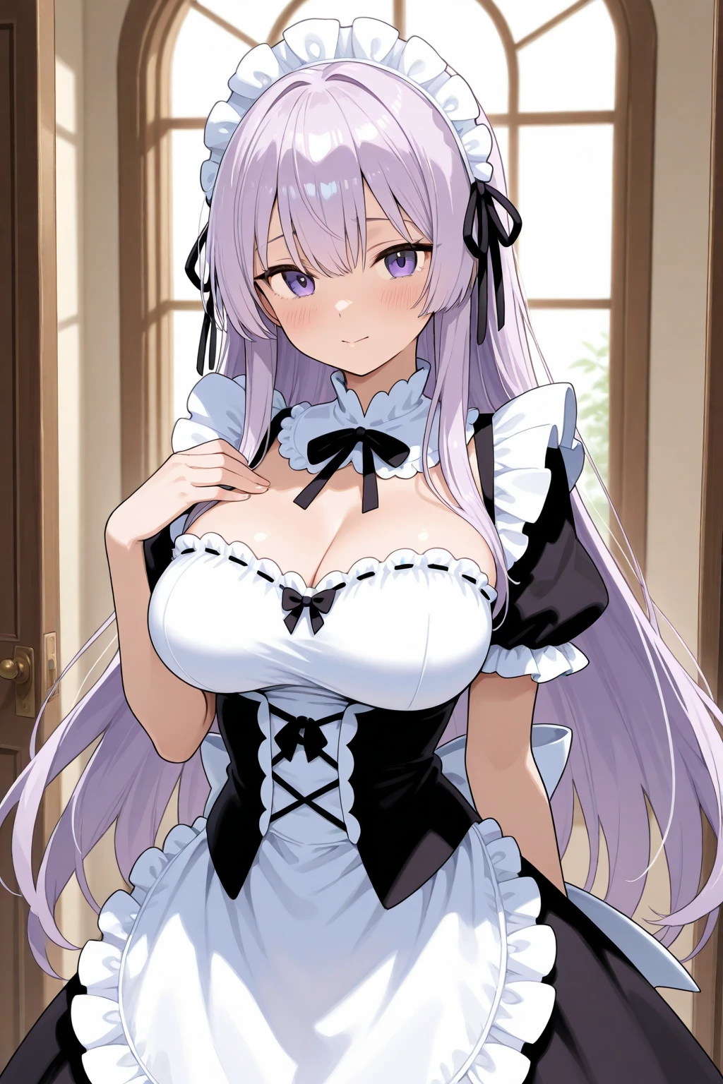 1 girl, light purple hair, curly hair, blue eyes, small eyes, mature face, dropping eyes, big breasts, cameltoe, blurry background, blushed, smile, erect nipples, brown maid uniform, garter belt, long skirt, antique, chandelier, teapot