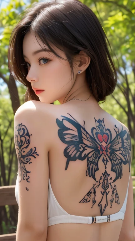 (tmasterpiece, top-quality, Best quality at best, offcial art, Beautiful and beautiful:1.2), (1 noodle girl:1.3),（Clear facial features），（pretty eyes）Neon content is very detailed,(mediuml breasts:1.1),(Colorful:1.1)(Butterfly tattoo:1.3),The most detailed,(nice ankles:1.2), Full body lesbian, (abstract backgrounds:1.3), (White and tender skin), (Flower bush background:1.4), ,(ear nipple ring), (merit:1.5)（slender thigh）