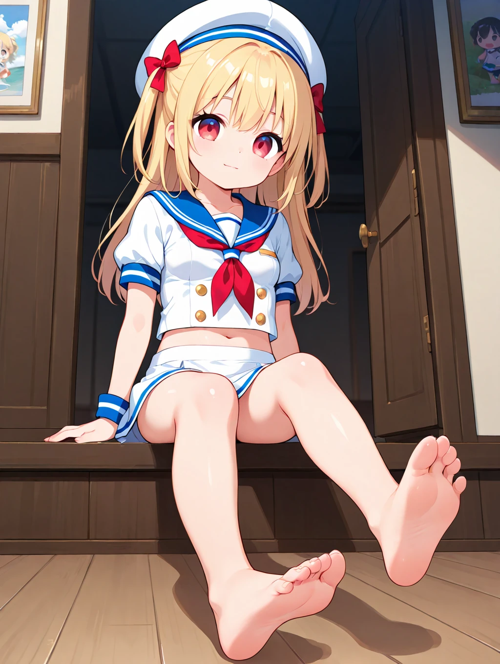 A 12 year old girl with a cute Alice in Wonderland blonde wavy headband sits naked with her legs spread wide showing her ass, anus, pussy and small nipples.。I don't wear any underwear。A pose where you can be seen from below。are small。Pose that shows your anus。pussy and anus are spread。Spreading legs with both hands。taking off the apron dress。SEX。NFSW