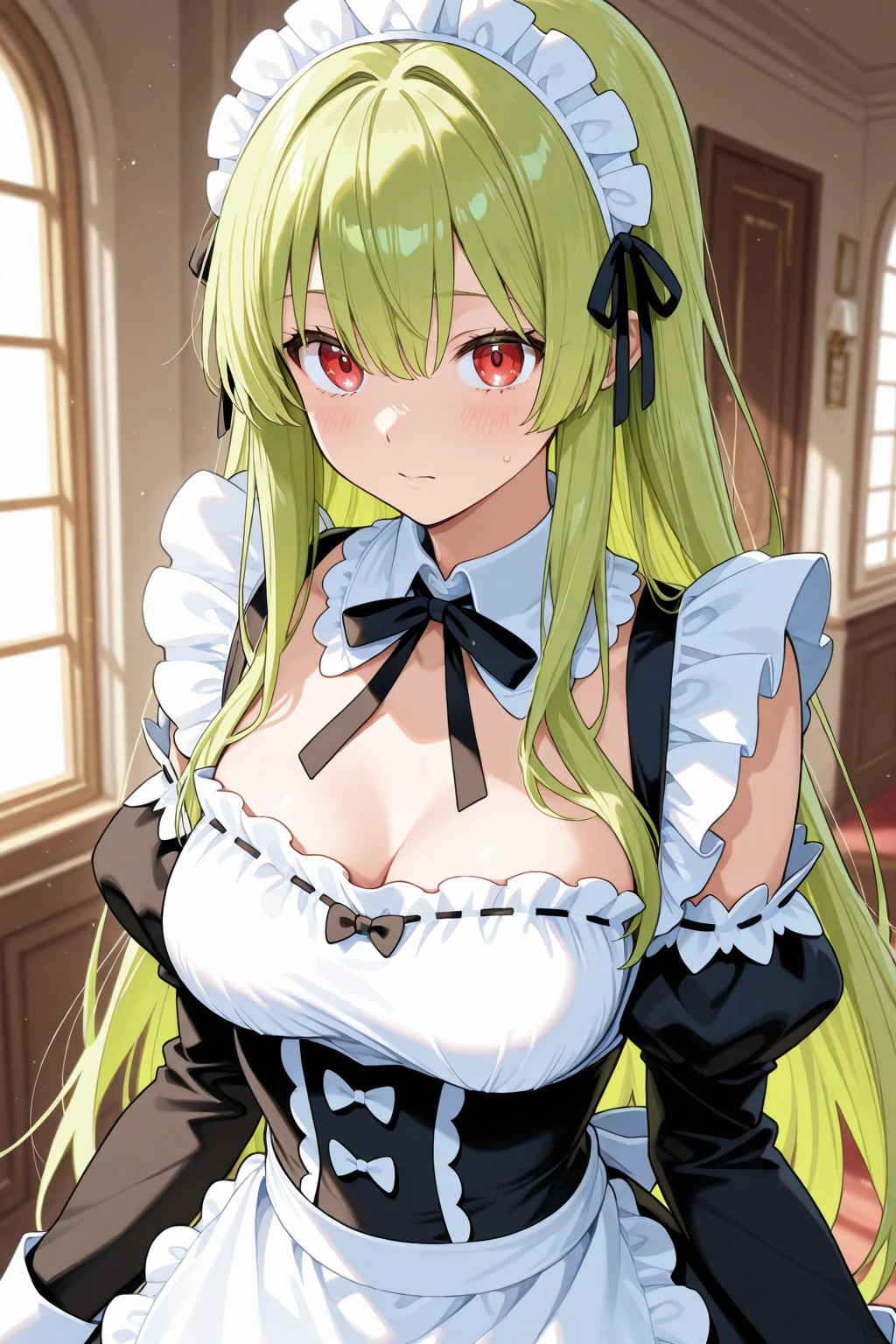 (masterpiece, high quality, High detail, 4K, RTTX 10.0, High resolution:1.2)、(最high quality:1.2, Very detailed, Anime Style, Digital Painting, Studio Anime, 超High resolution, High Contrast, masterpiece:1.2, 最high quality, Best aesthetics), 1 female, Long Hair, ponytail,Elf、Big Breasts、L Cup、Oppa、anime screencap,anime screenshot,high school student、Green Hair、Maid
