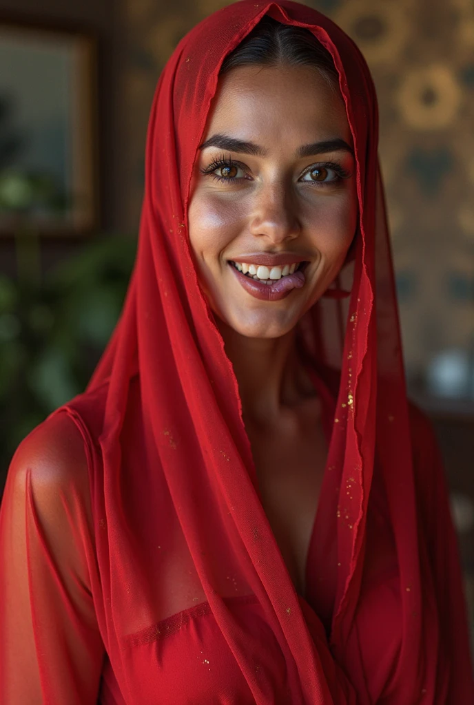 a gorgeous busty woman, hijab, first night, beautiful detailed smile, beautiful detailed teeth, POV, lover, cinematic dramatic lighting, (best quality,4k,8k,highres,masterpiece:1.2),ultra-detailed,(realistic,photorealistic,photo-realistic:1.37),HDR,UHD,studio lighting,ultra-fine painting,sharp focus,physically-based rendering,extreme detail description,professional,vivid colors,bokeh,portrait,photorealistic,cinematic