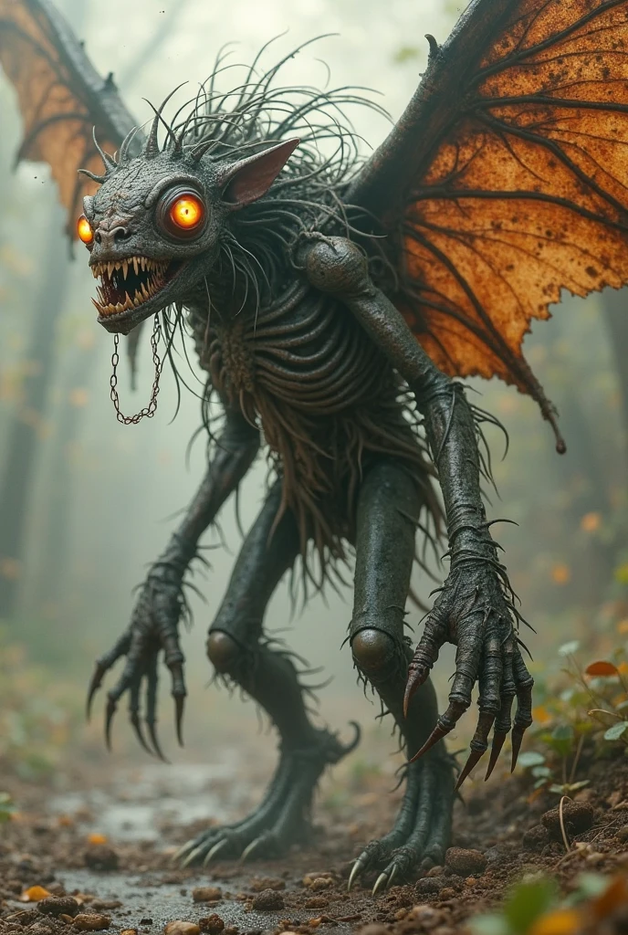 (medium full shot) of (eerie basalt dark smooth stone gargoyle) with humanoid body , large bat-like wings, amber eyes, short horns, magical rune markings, set in an ancient cemetery, with moss-covered tombstones, crumbling crypts, eerie statues, ghostly ambiance, woman smiling, ,Masterpiece,best quality, photo, realistic, very aesthetic, detailed face,