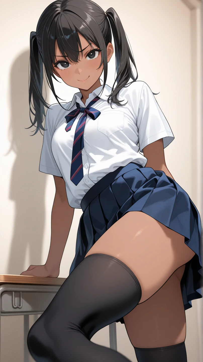 (Highest quality、Tabletop、Best image quality、Award-winning works。Ultra-high resolution、8K)、Beautiful illustrations, (Natural Side Lighting, Cinema Lighting), Written boundary depth, Looking at the audience, (Face Focus, Upper Body), Front view, 1 Girl,high school girl, 15 years old, Perfect Face, Cute symmetrical face, Shiny skin, Asymmetrical bangs, Big eyes, Droopy eyes, long eyelashes chest), thin, Beautiful Hair, Beautiful Face, Beautiful and beautiful eyes, Beautiful clavicle, Beautiful body, Beautiful breasts, Beautiful thighs, Beautiful legs, Beautiful fingers, ((High-quality fabric, Beige knitted vest, Short sleeve white collar shirt, Navy Pleated Skirt, Red bow tie)), (Beautiful romantic sunset:1.1)、(Tyndall effect:1.1)、evening, (School classroom blurred background:1.2), Are standing, (smile, Superior, Open your mouth), (Lifting the skirt to reveal panties:1.5)