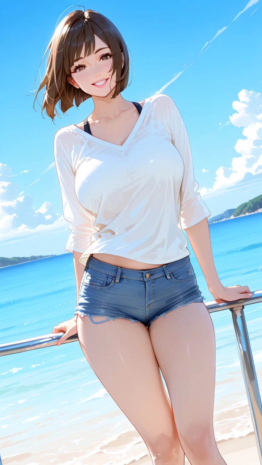 4K, (masterpiece), Highest quality,, ((NSFW:0.9)), (Unbuttoned shirt),Shorts, (Big Breasts), Nipples, Long brown hair, blue eyes, smile, Full Height, Clear Eyes, Black eyelashes, (Complex and detailed), dramatic, trend,Full Body Shot,Centered,Wild feeling,Ocean,