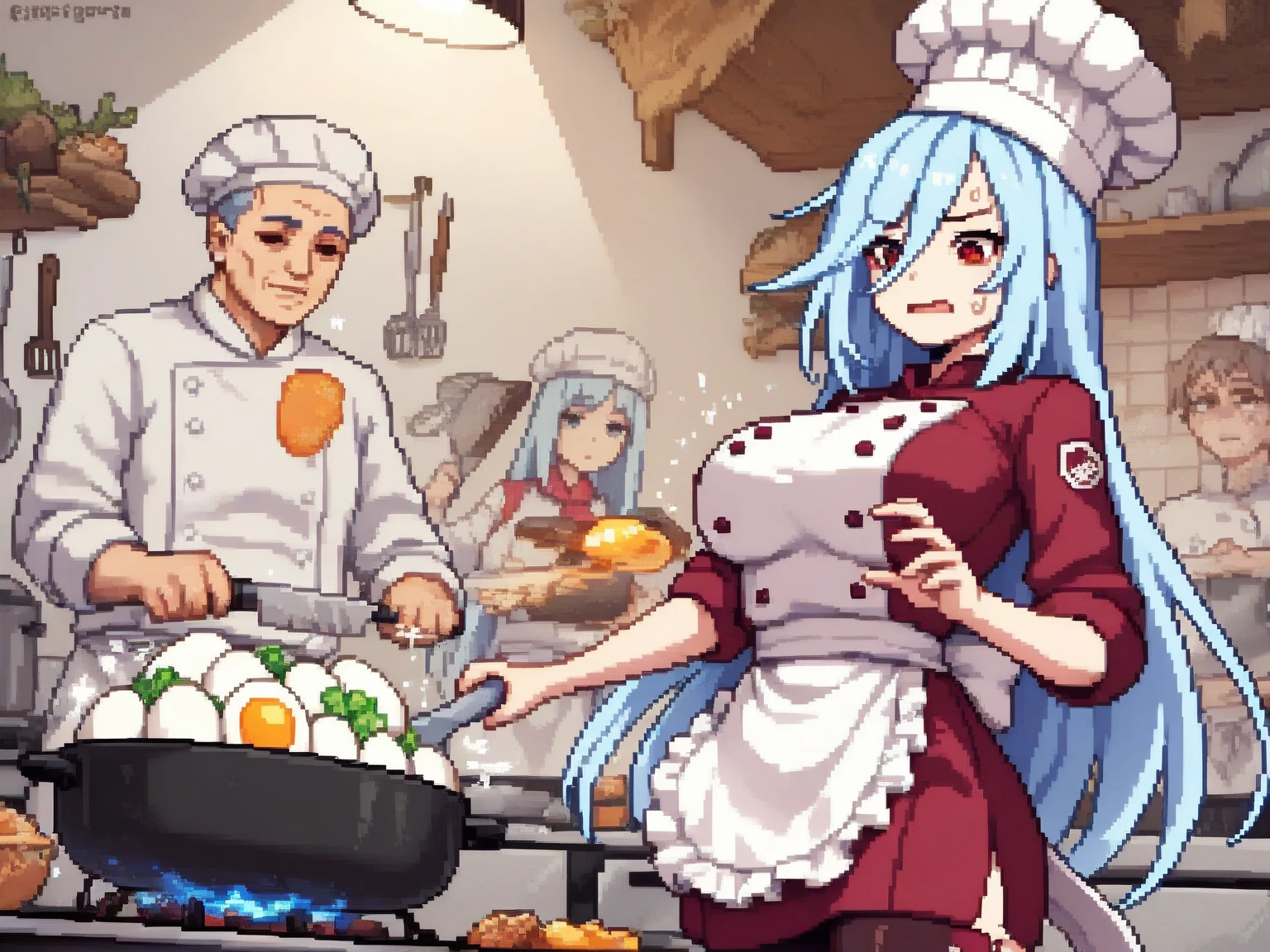 (Masterpiece) (High Detail) (High Res) A short petite humanoid girl with pale human skin and blue eyes and long blue hair and blue dog ears and a big fluffy dog tail and small average breasts. She is stood alone wearing Sexy Christmas Lingerie and a Red Santa Hat. She is wearing only a red apron and red oven gloves and is cooking Christmas dinner. She is holding a christmas turkey.