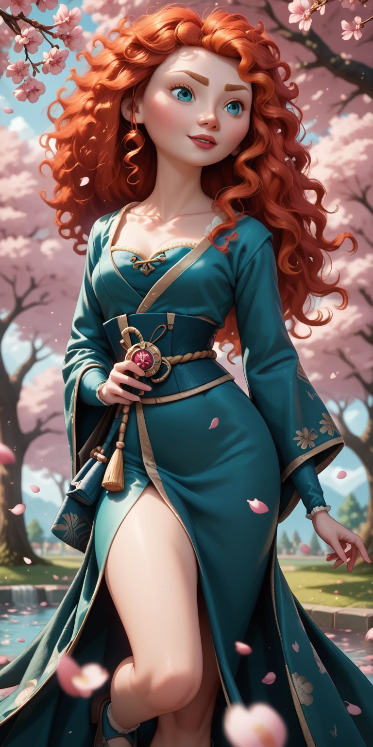 Young princess, striking figure, long flowing ginger hair, wavy hairs, fair skin, freckles, kolito, innocent and regal appearance, expressive green eyes are filled with a mix of curiosity and determination, her slender frame, elegant grace, vibrant orange kimono with white and black decorations, very long ((sleeves past fingers)), sleeves past wrists, cleavage, feather headdress
