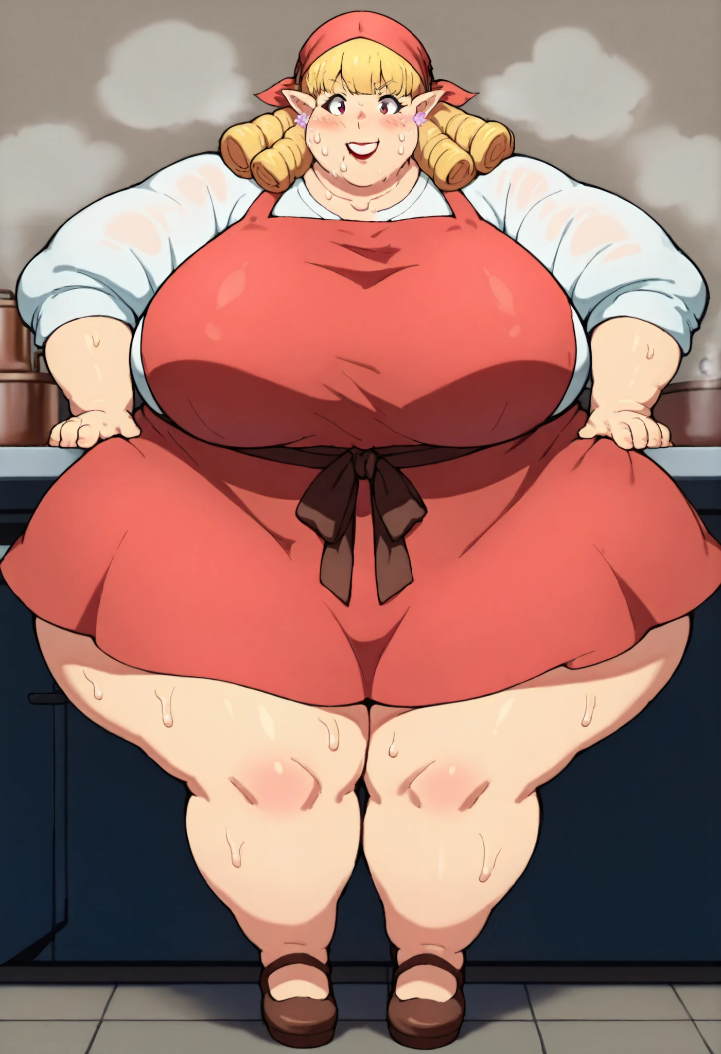 (Morbidly obese anatomy:1.1)anime woman, milf, large breasts, red hair, tight leggings white shirt cleavage seductive face