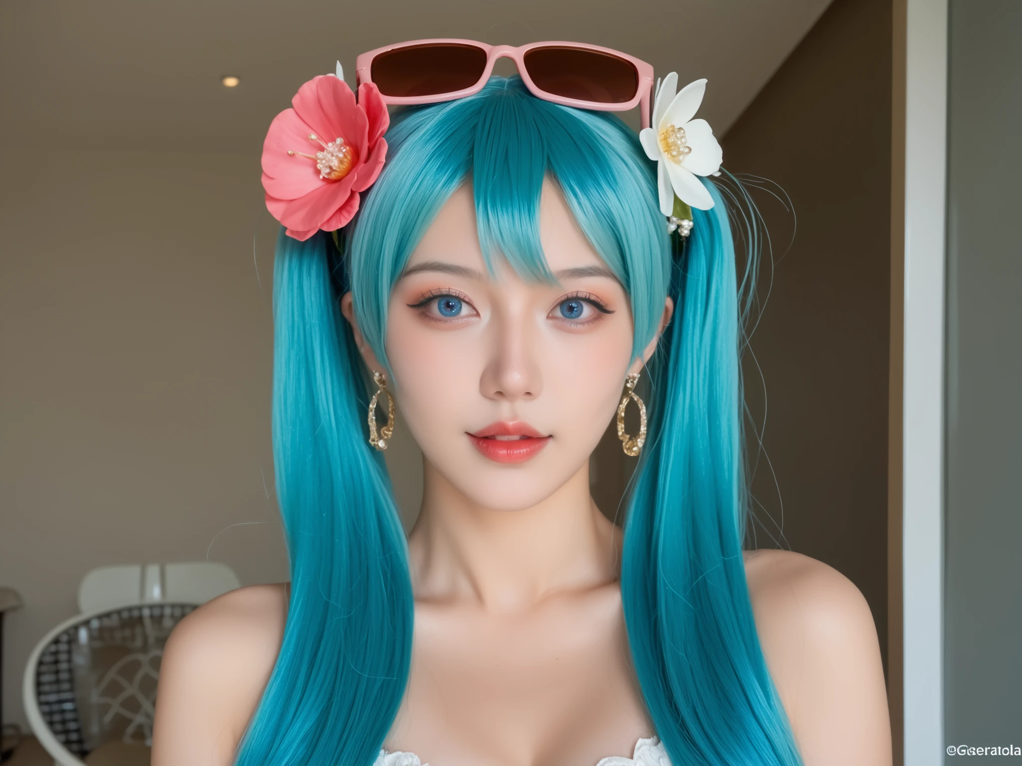 foto realista,miku , blue eyes, aqua hair, long hair, twintails, hair flower, earrings, sunglasses, eyewear on head, marca de bronzeado , ela está pelada na praia , tanlines, ela está na praia, la está totalmente nua, conteúdo adulto, sugestivo sexualmente, ele real,textura da pele,traços detalhados, sardas,Ance, conteúdo adulto