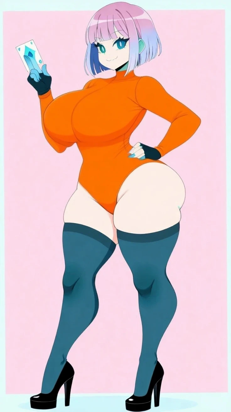 Full body image of Velma from Scooby-Doo, full body in image, wearing her original outfit (orange sweater, red skirt, knee-high orange socks, and black shoes), short brown bob haircut, female body, curvy and body, dynamic pose, detailed pose, simple background, expressive face showing curiosity, focus on face, line art, sketch