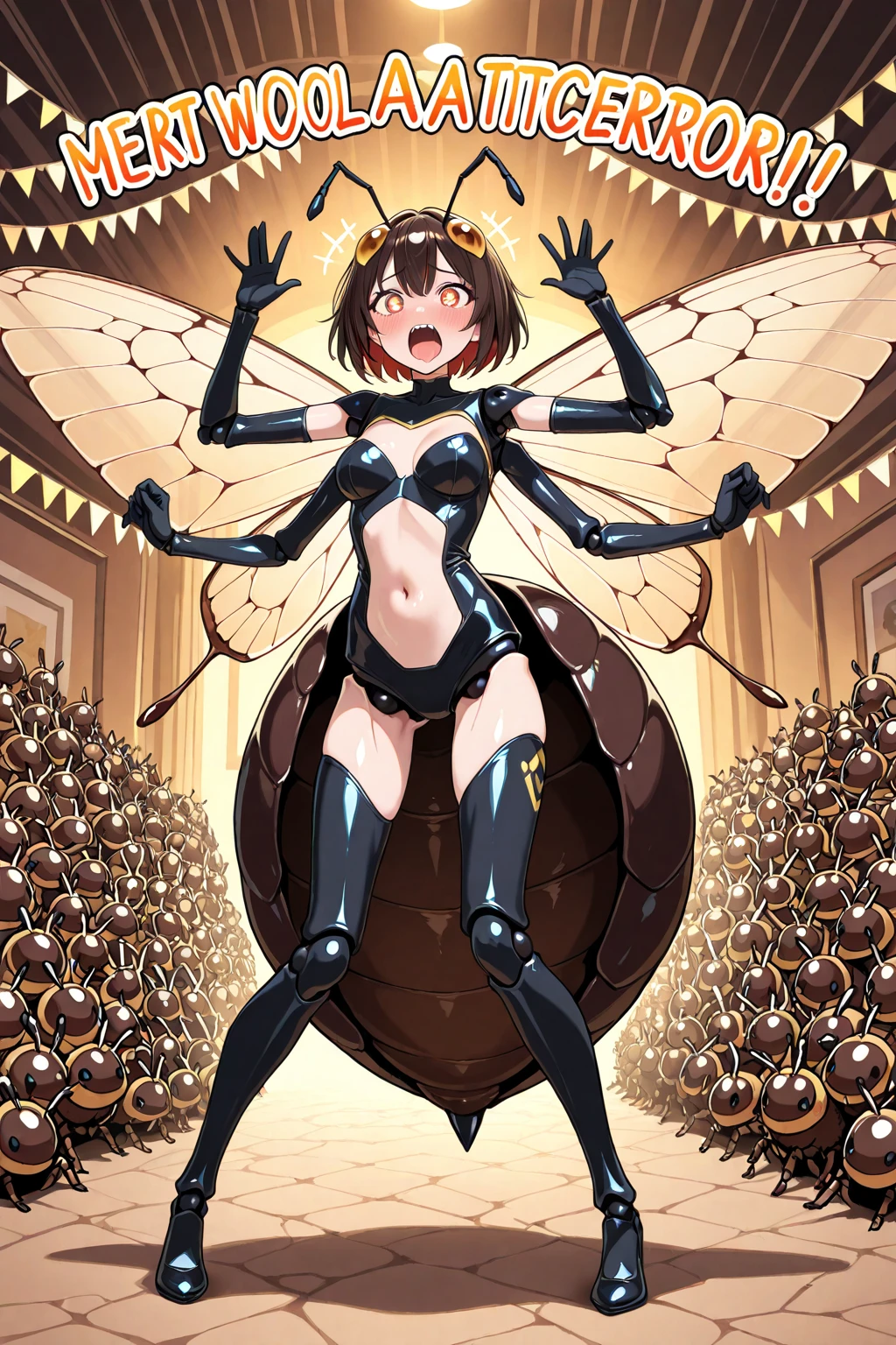 Anime Style.Fantasy World.Female Demon of the Demon King's Army.pretty girl.Has the abilities of a bee.There's a bee stinger on his ass.The bikini is the motif of a bee.Has a big needle weapon.The background is Devil's Castle,Punishment pose.Embarrassed face