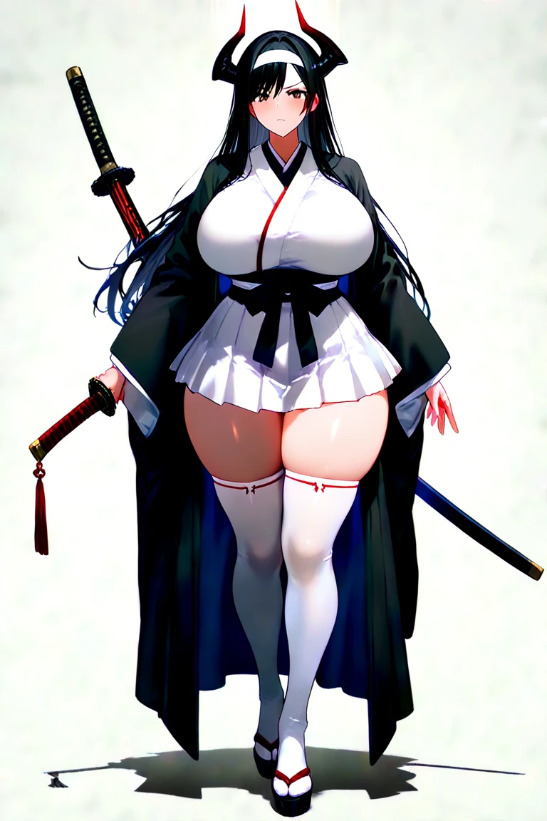 Iroha、super breasts、thick thighs、long black hair、8K, 4k, highest quality, High resolution: 1.2)、cute anime face、noise removal、maid、和風maid、black leotard、full body portrait、Leotard that bites into、Japan holding a sword、sandals、blue eyes、Black long tights、gentle smile、white kimono、T-back that digs into your butt、emphasis on the buttocks