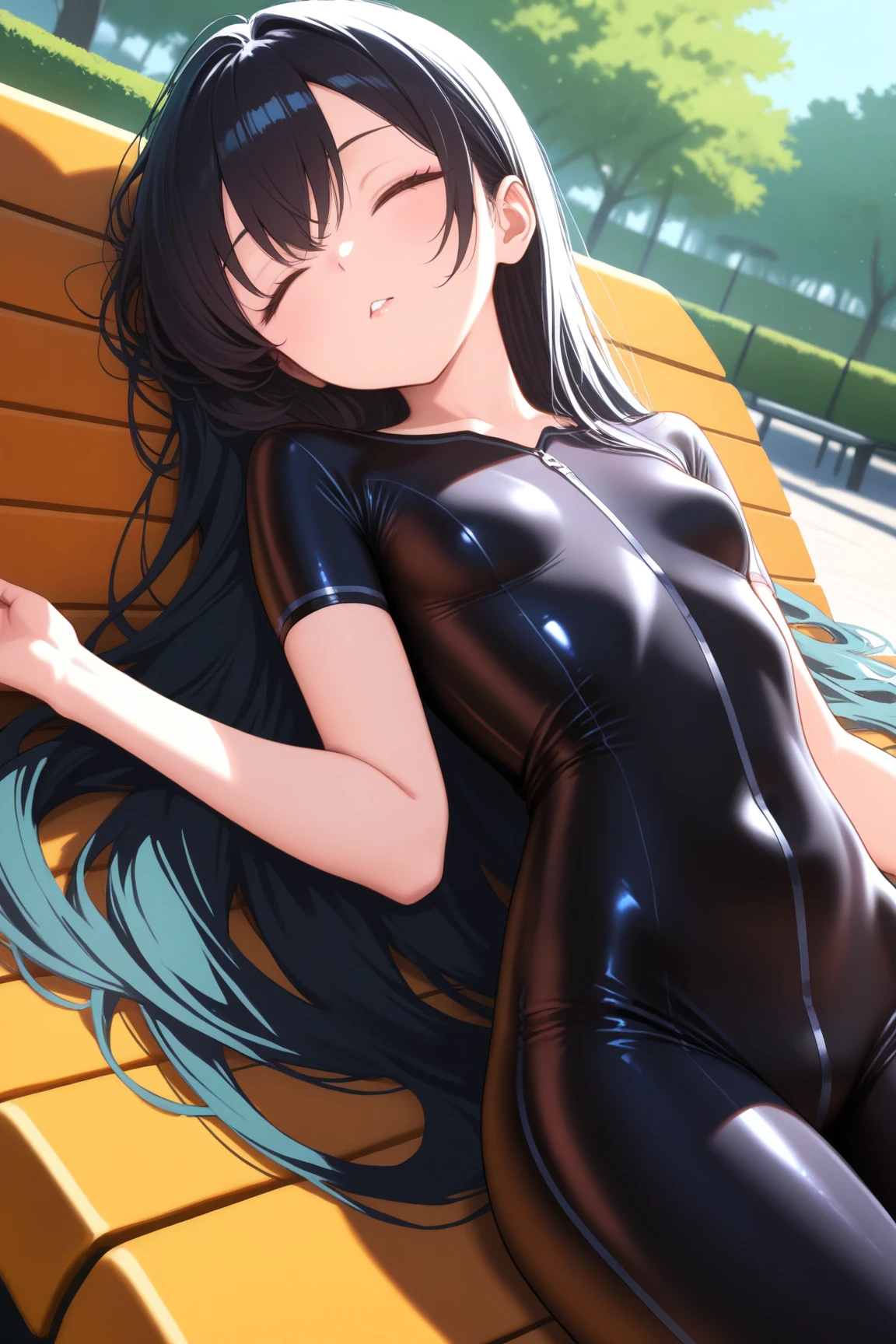 {{real anime, year 2023, anime screencap, promotional art}}, {{perfect anatomy}}, official art, {absurdres, very aesthetic, beautiful quality}, nsfw, 1girl, 1boy, hetero, clothed sex, {{cross-section}}, {{internal cumshot}}, girl on top, m legs, hands on another's body, penis in pussy, swimsuit aside, male pubic hair, clothed female nude male, latex school swimsuit, covered nipples, {{nervous sweating}}, {{{wet}}}, sweatdrops, water drops, symmetrical pose, shiny skin, {{feet out of frame}}, {{black hair, medium hair, ponytail}}, oval face, {{closed eyes}}, facing viewer, {{embarrassed, blush, evil smile}}, {open mouth, tongue, upper teeth only}, {medium breasts}, {slender}, {{photo-referenced}}, {outdoors}, pool, {{pool side}}, day, sky, summer, blurry background, backlighting, {{{light particles}}},