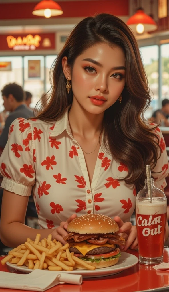 masterpiece, photorealistic, beautiful girl, dining in, eating, restaurant, chinese restaurant, crowded, city streets, highleg, panties, black laced, white t-shirt, strawberry print, black wavy hair detailed, high quality