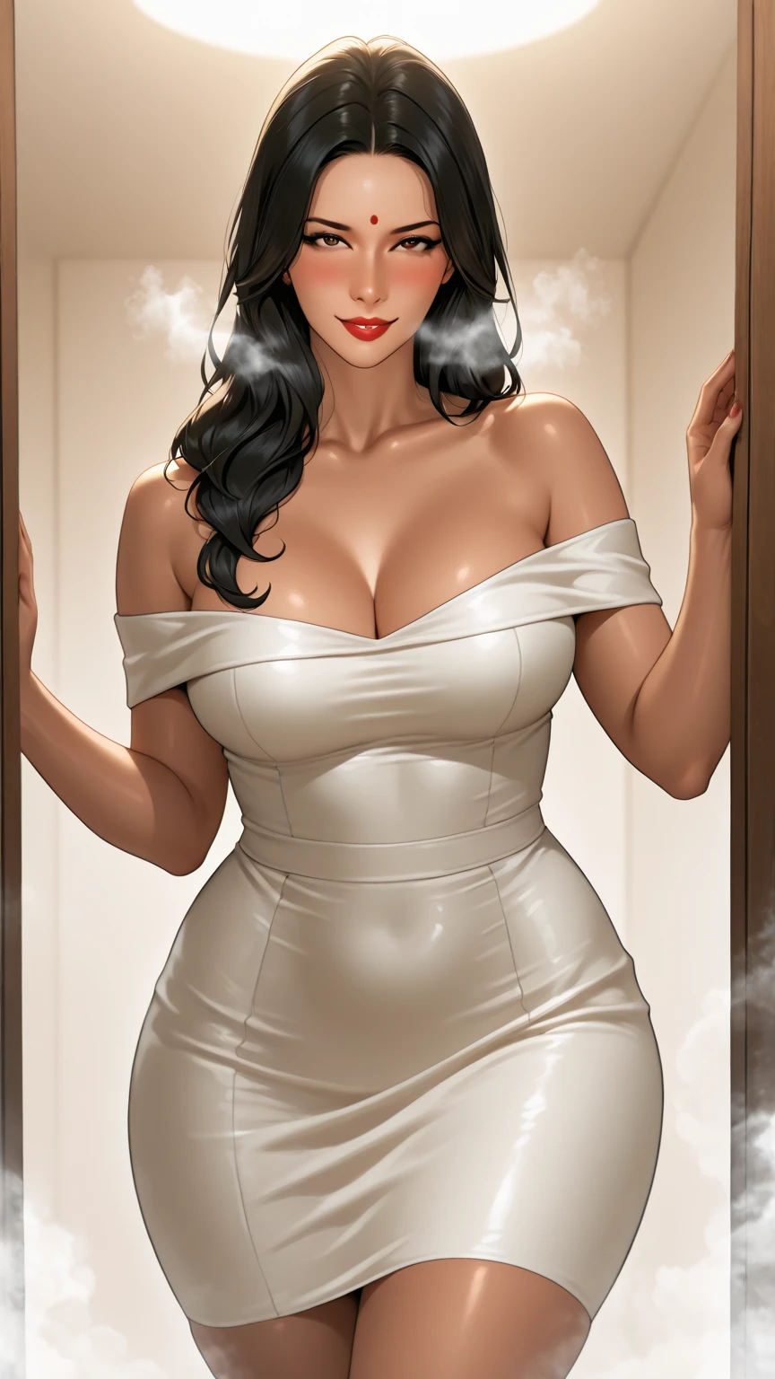 a 20 year old brunette girl, long wavy black hair with bangs, breasts big, hand exposed and extremely detailed, looking at the camera with a seductive look, extremely high detailed skin, freckles on the face,elegant