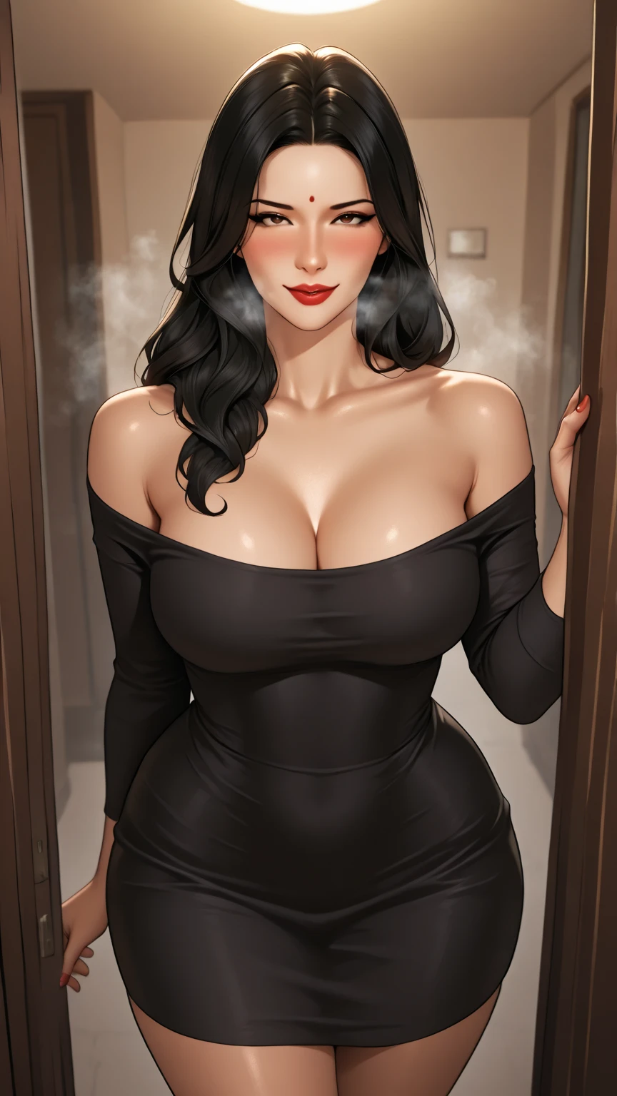 (masterpiece, best quality:1.2), 8k, woman, solo, milf, 40 years old, housewife, long hair, black hair, looking at viewer, southamerican, smile, giant tits, cleavage, flower dress
