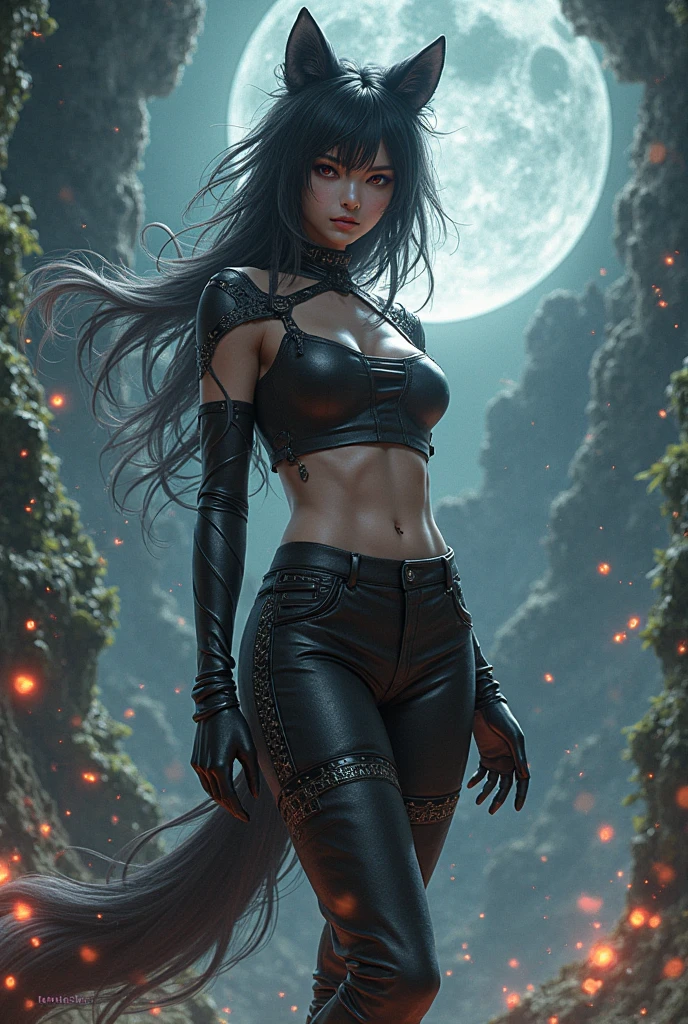 Portrait of an incredibly beautiful girl, a sexy fantasy raven goddess, very long hair, wearing shiny tight clothes and black (feathers:1.3), (colorful:1.3), (black eyeshadow), (perfect eyes: 1.3), perfect ass, standing in a dark spooky burning dead forest, outdoors, intense firelight and moonlight, extremely detailed, sharp focus, dramatic, award winning, high contrast, cinematic lighting, (blurry background, bokeh, depth of field, night), (masterpiece), (extremely intricate:1.3),