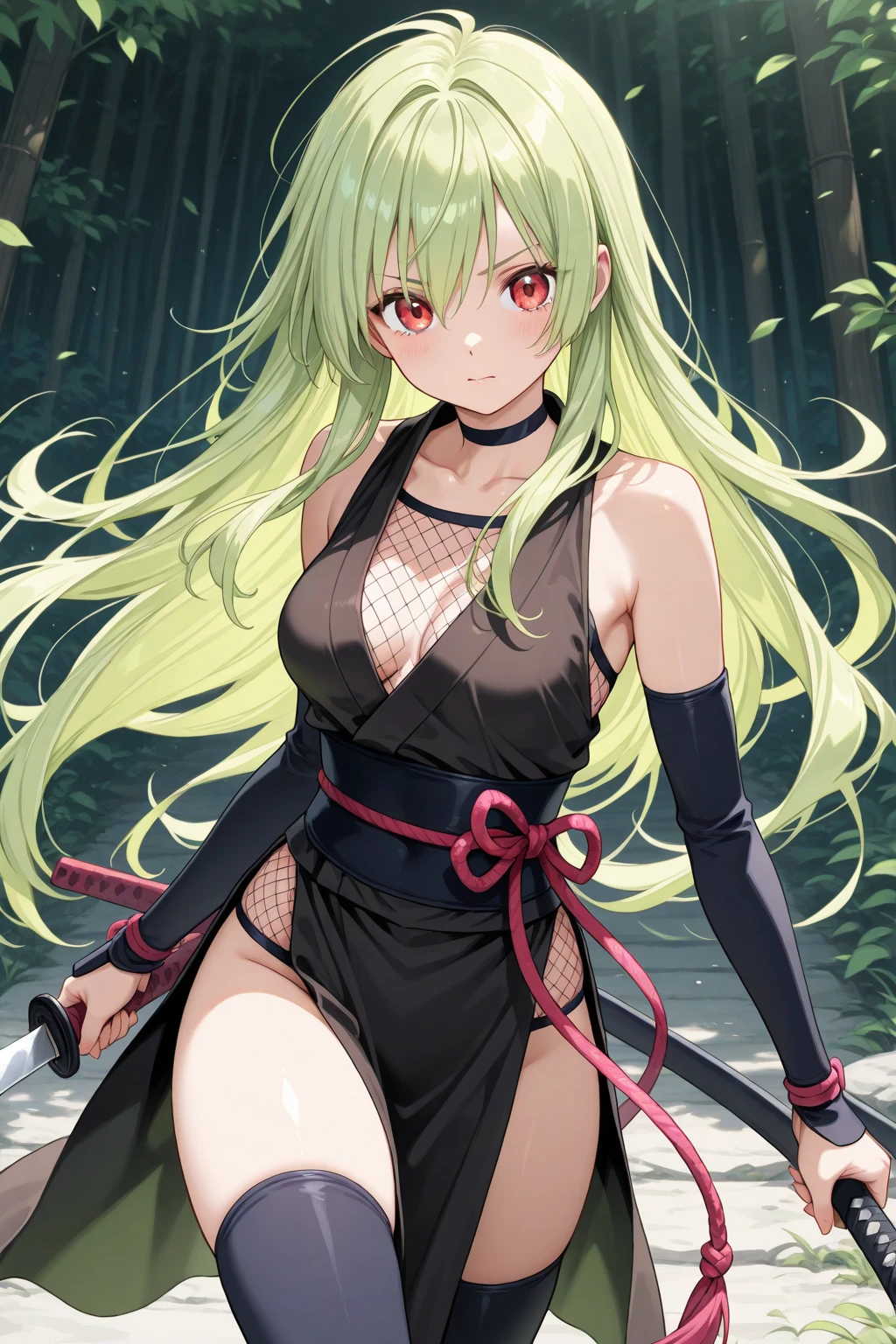 (sonrisa), el bikini, Espada Katana Japonesa, sosteniendo una espada en su mano,cabello degradado, (ojos verdes:1.5), pelo verde, lunar debajo de los ojos, pelo multicolor, cabello rosado, trenzas gemelas, pelo de dos tonos,
