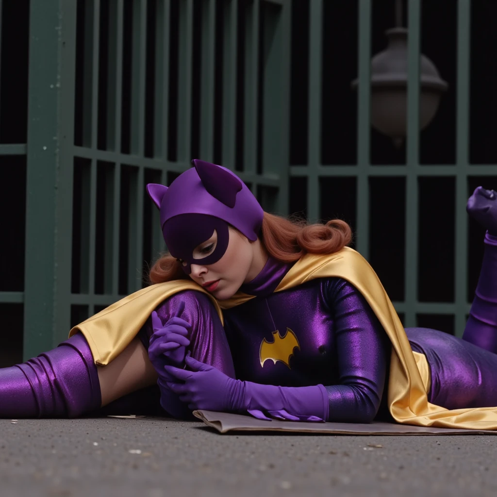 yvonne craig woman, with her purple outfit and yellow belt, she is desperate, her waist is squeezed by a red rope which contracts and squeeze her body, she cant move while her waist is squeezed by the red rope causing wrinkles on her purple outfit, she is in pain with her shoulders shrugged, screaming as hard as she can with her eyes wide open looking to camera, she is in pain, we see her injures, 60's style, analog film, close up, on grass, film grain