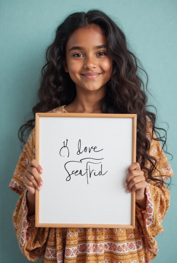 Beautiful boy with wavy long hair, bohemian dress, holding a whiteboard with text "I'm the light of the world" and showing it to the viewer