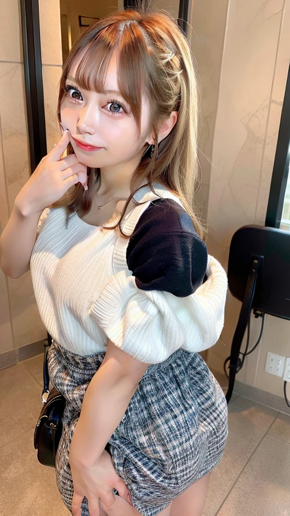(highest quality、8k、32k、masterpiece、Ultra-high resolution:1.2)、One Girl、Beautiful Japanese Women、Big breasts and small waist、Updo、(Jumper skirt)、20-year-old、Port Report Photo、Cinematic Light、（Hide your hands:1.2)、(Smile at someone you like)、