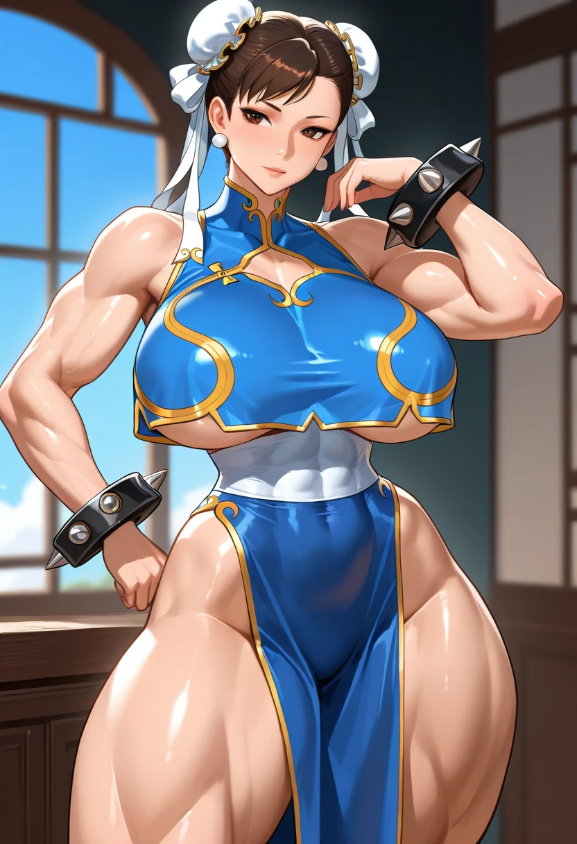 (((Plain background 1:2))) (masterpiece, high quality: 1.1) 1girl full body standing, hairstyle with a braid, white colored hair, yellow eyes, perfect lighting, muscular, thighs, mature woman, mummy, bellybutton, abs, looks at the viewer smile RED CHEEKS, extremely huge breasts, maternal, porcelain skin, extra very long hair, sparkly skin, good face, chest cover, HANDS ON HIPS