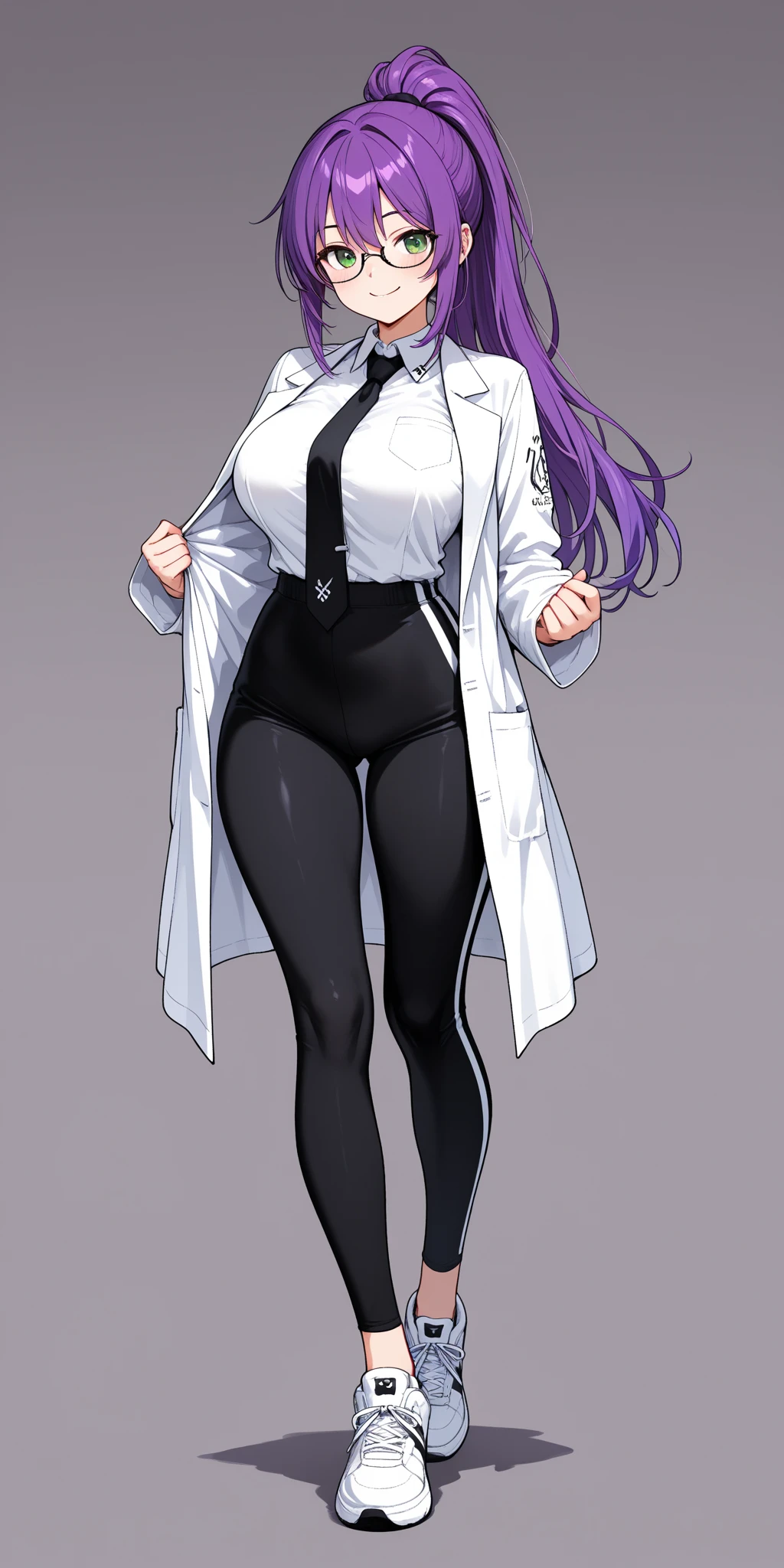 (solo) female , black short hair bob cut, woman (big breasts:1.5), attractive, purple shirt, tight black skirt, lab coat fit body, thicc, freckles, freckles on face, smug eyes, (happy expression), she is standing look to the viewer , violet background, simple background, thick thighs (front view) high heels