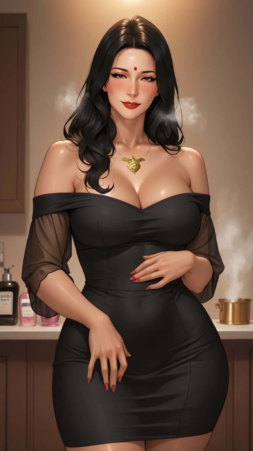 A mature woman, long black hair tied up, black eyes, thin lips, round face, huge breasts ((with cleavage))Large hips, wearing a long dress with an apron, sitting on the sofa answering the phone, looking shy, right behind her a mature man roasting meat on the barbecue and a young boy. 10 years helping with meat art detailed and perfeifs, leisure area setting of the house