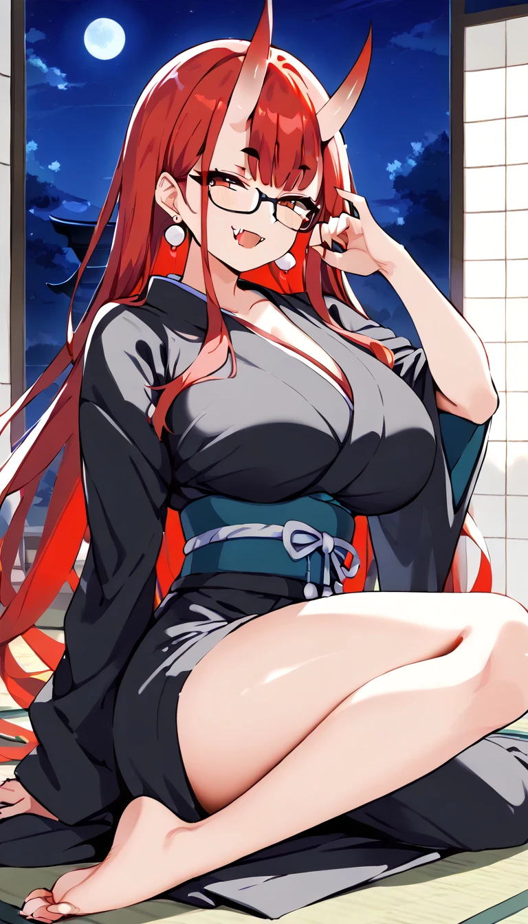 master-piece, hyper quality, hyper detailed, perfect drawing, CG, 3D, 8k,illustration,beautiful face,high-resolution, solo, beauty, glasses, yukata, glowing body, reddish skin, drooling, fluffy chest, moist eyes, seduction, indulgence, aphrodisiac, Japanese-style room, tatami mats, futons, accurate drawings, Detailed drawing, beautiful background