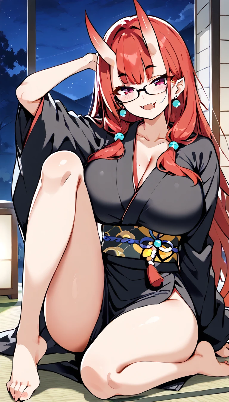 Mature woman, anime style, masterpiece, 4k, high-res, (red hair long ponytail), ((glasses)), sexy clothes, beach scene at night