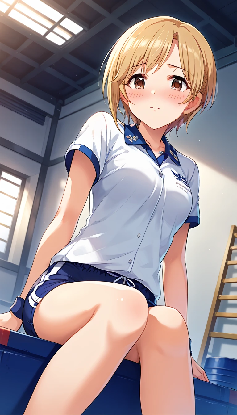 nsfw,masterpiece,ultra detailed,8k,navy school sweater,(short plaid pleated skirt),adult curvy body,tanned japanese gyaru,seductive cute face,tender smile,silver panties,sitting and knees up on floor,dirty loose socks,(tareme),makeup,at messy private room,schoolbag and undressed lingeries on floor,tv on desk,storage shelf on wall,carpet,