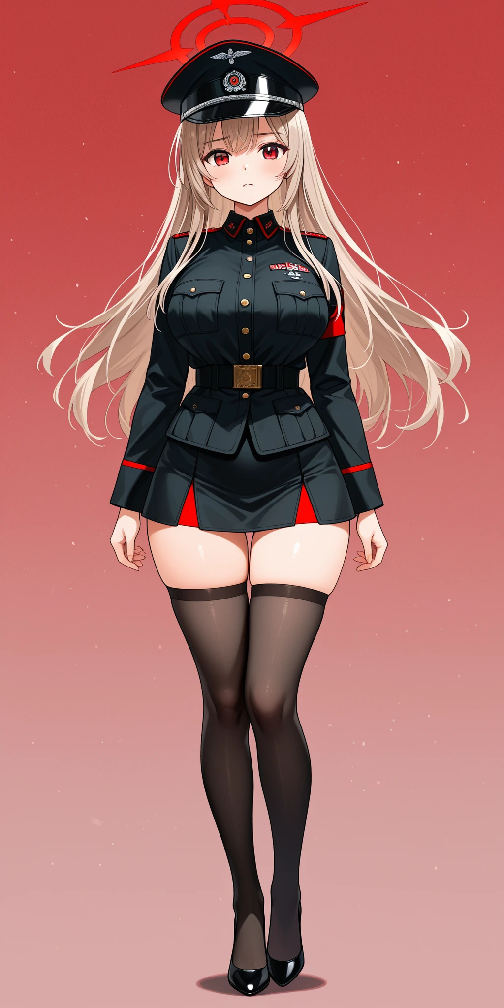 full body standing woman, white background, white hair, long messy hair, black elf skin, militar uniform (nazi uniform), looking to the viewer, short skirt
