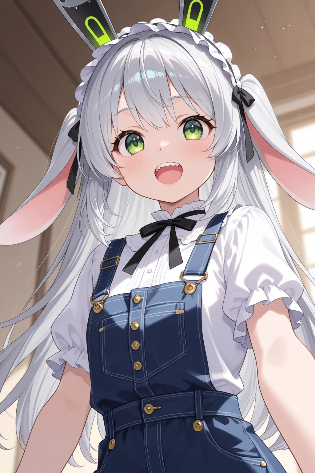 Face focus, tongue, mouth wide open, mouth focus, thick eyebrows, beautiful eyes, rabbit ears, brown skin, see-through T-shirt, underwear see-through from T-shirt, evil smile, beautiful silver hair, ((masterpiece)), ((best quality)), (super detailed), cute girl, one girl, solo, (((beautiful eyes)), anime girl, happy and cute face, beautiful detailed eyes clean and detailed face, five fingers, textile shading, perfect anatomy,