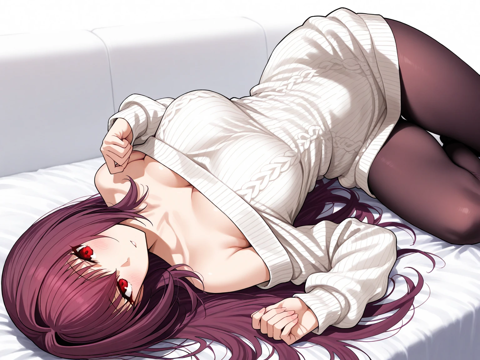 Red hair purple eyes sitting with boob window heart shade clothes small waist big boobs and big ass