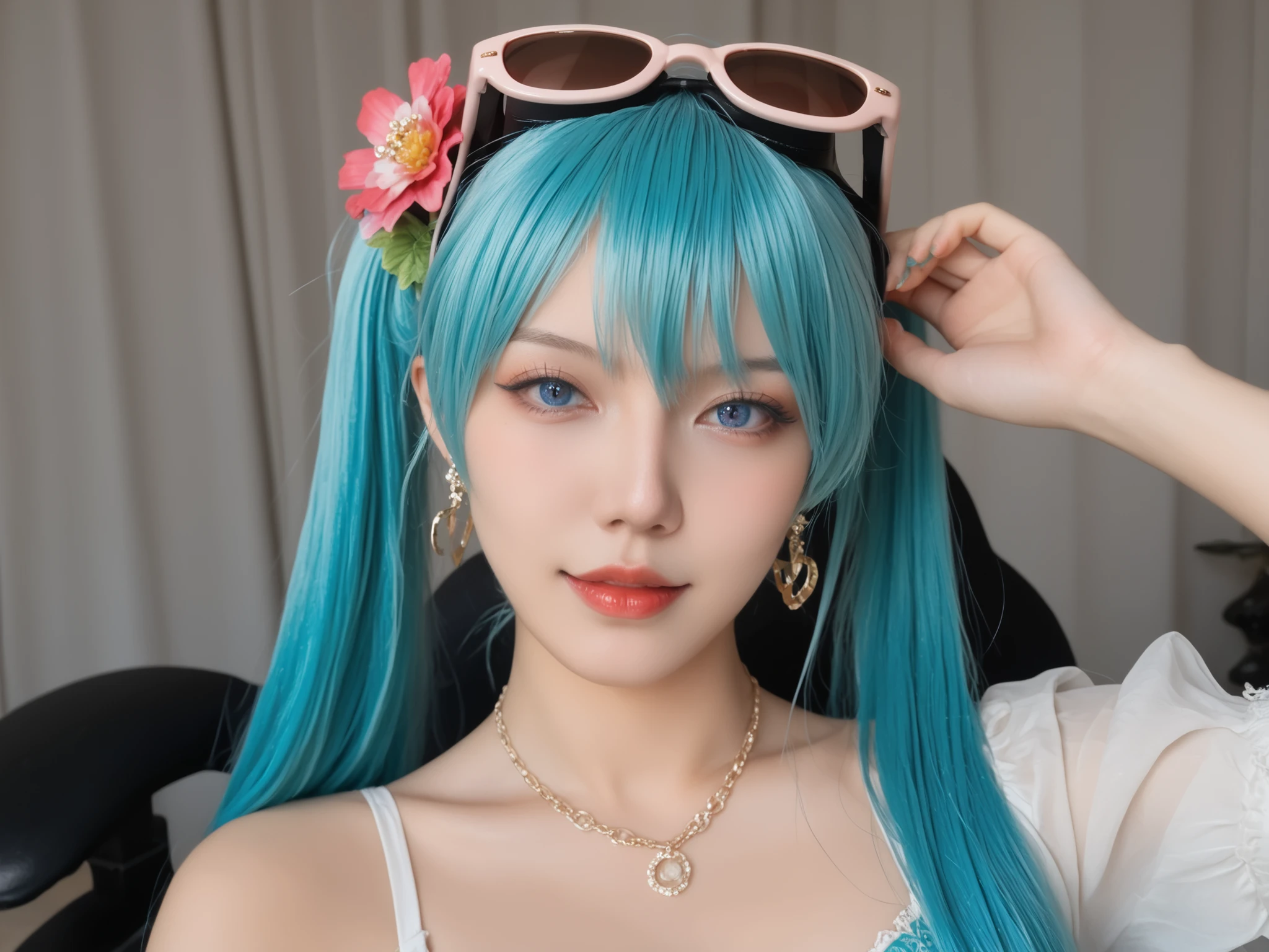 foto realista,miku , blue eyes, aqua hair, long hair, twintails, hair flower, earrings, sunglasses, eyewear on head, marca de bronzeado , ela está pelada na praia , tanlines, ela está na praia, la está totalmente nua, conteúdo adulto, sugestivo sexualmente, ele real,textura da pele,traços detalhados, mostrando as tetas, mostrando a buceta, conteúdo adulto