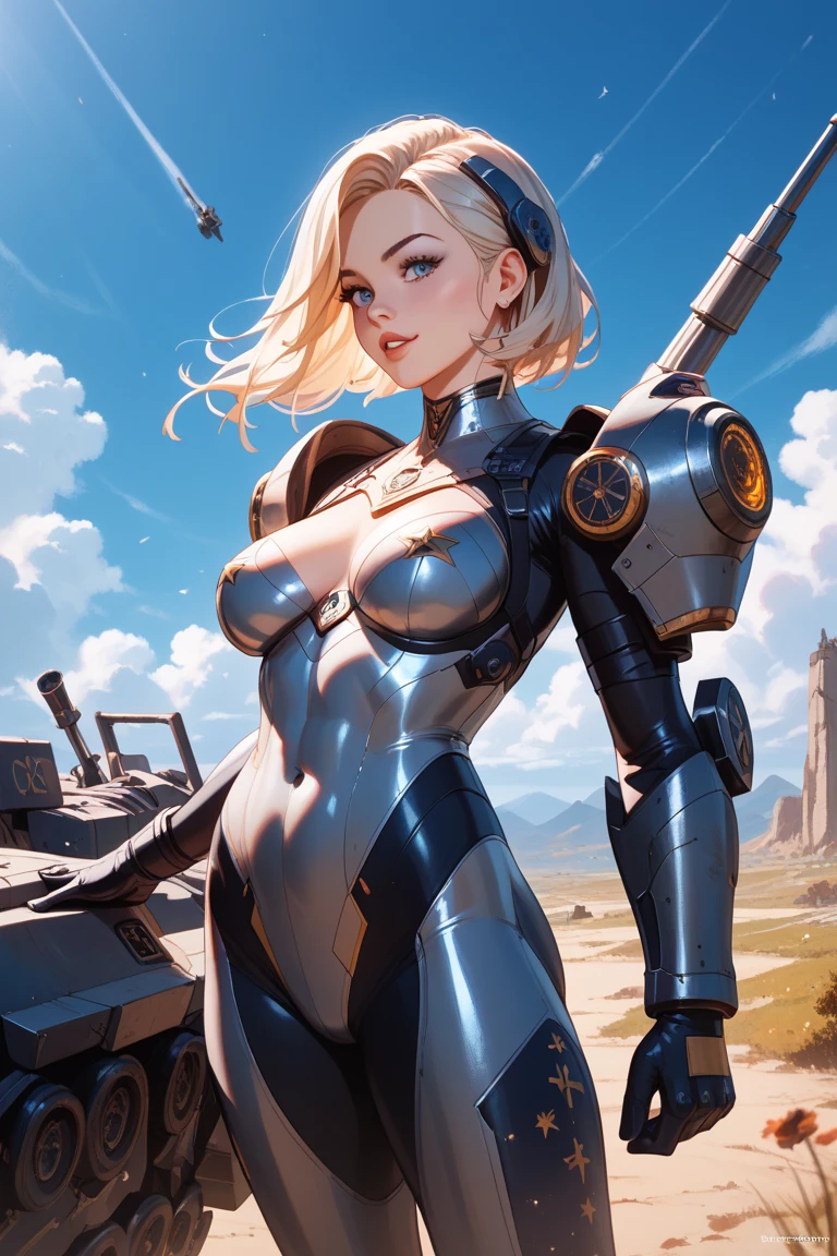 (((DuneWalker))), Super detailed illustration of a scene in the Bakersfield desert where the Wasteland Weekend festival takes place, an alone girl walks among the wreckage of a post-apocalyptic civilization, She wears Mad Max style clothes, your face is beautiful, your hair is a punk hairstyle, full of attitude and a sarcastic smile, she wears goggles on her forehead, (((Tank Girl))), (((Teen girl))), (((best qualityer: 1.4))), (((mohawk haircut))), (Unbeatable masterpiece), (hiper HD), (CG 8k hyper-realistic), (((breasts big))), (((hyper feminine))), sexy girl, (mohawk hair), ((( hard body ))), (((1 girl))), (((cowboy shot)))