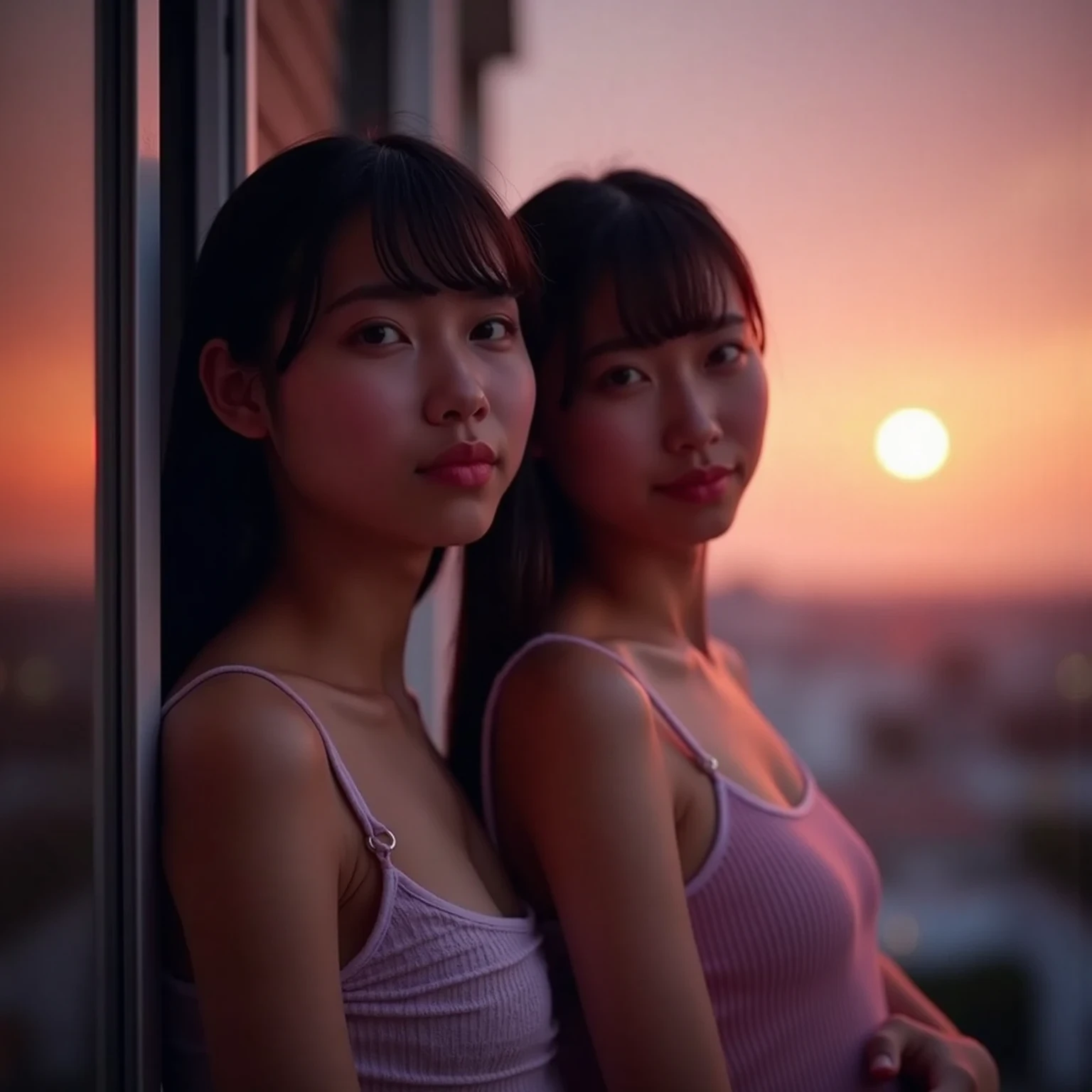 ((2girls)), fisheye, selfie, wind, messy hair, sunset, cityscape, (aesthetics and atmosphere:1.2),smiling