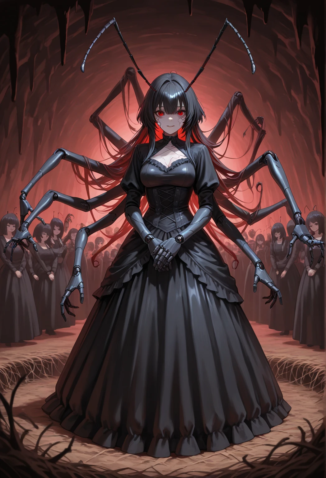 multiple girls, Arrange Like Ants, black dress, red eyes, Inorganic Expression, Four arms, Lots of Same Faces, Crowd Scene, Swirling Human Flow, Antennae Decor, Articulated Nests, chitinous luster, Unusual beauty, Underground Caves, Nest-like Buildings, Light from the Dark, Stray Shadows , Movements Like Bugs, Cyberpunk Elements {x} Symmetrical Arrangements, Gothic Horror, Articulated Limbs, Eerie Beauty, depiction down to the smallest detail, masterpiece, top quality