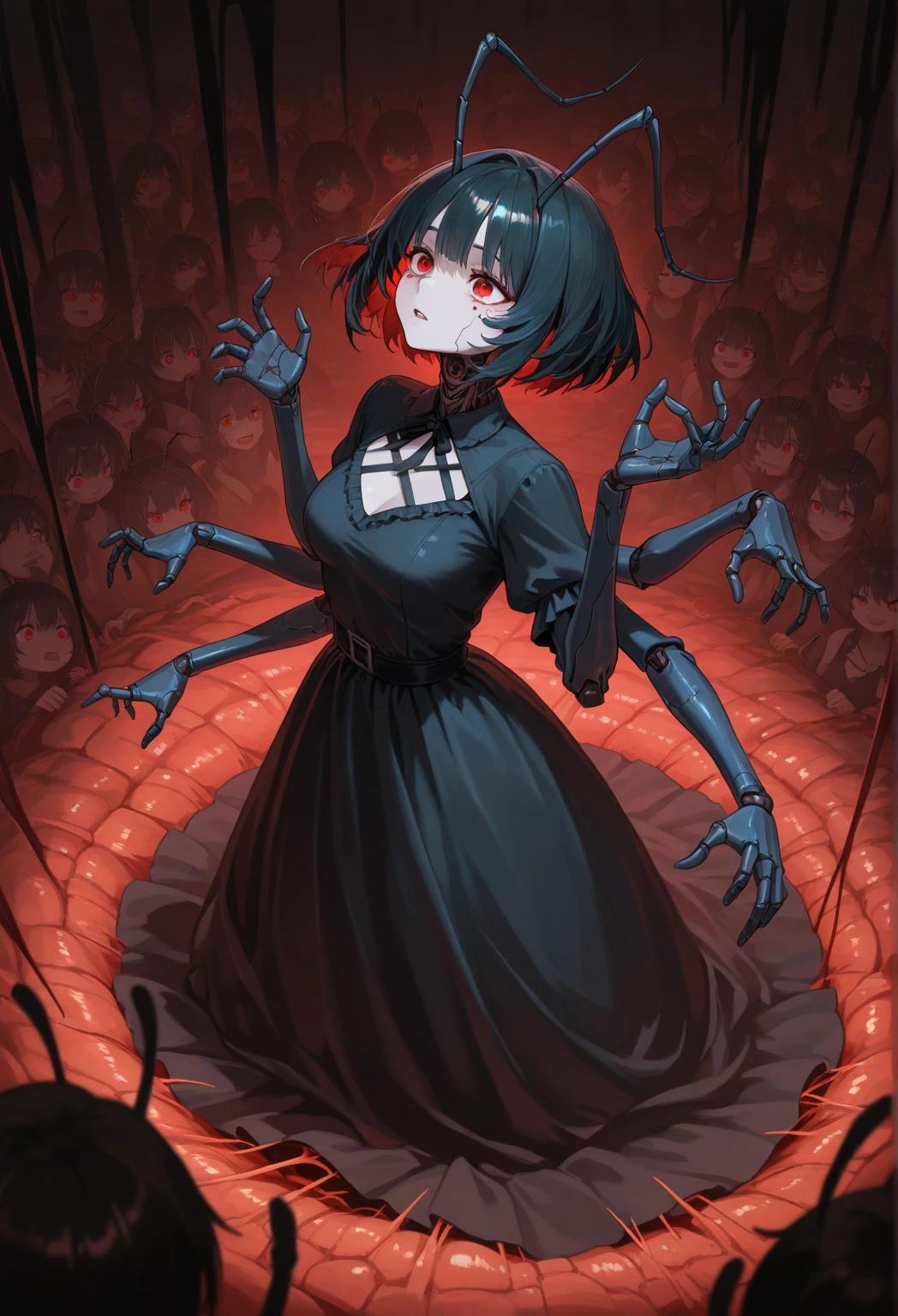 multiple girls, Arrange Like Ants, black dress, red eyes, Inorganic Expression, Four arms, Lots of Same Faces, Crowd Scene, Swirling Human Flow, Antennae Decor, Articulated Nests, chitinous luster, Unusual beauty, Underground Caves, Nest-like Buildings, Light from the Dark, Stray Shadows , Movements Like Bugs, Cyberpunk Elements {x} Symmetrical Arrangements, Gothic Horror, Articulated Limbs, Eerie Beauty, depiction down to the smallest detail, masterpiece, top quality