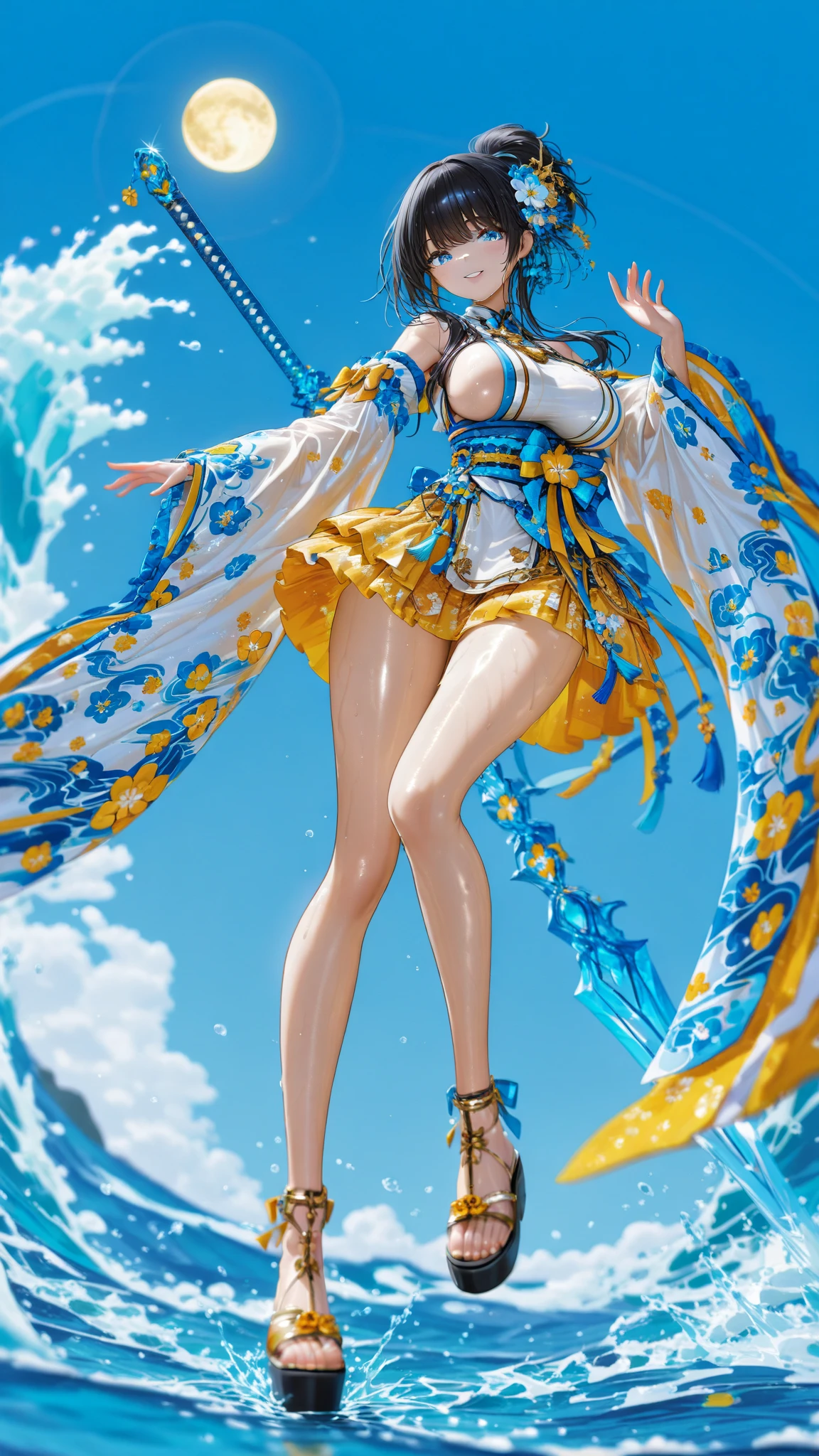 masterpiece, 1girl, (solo:1.5), yuna, (full figure:1.1), green left eye, blue right eye, Blue long tassel earrings, short brown hair, green left eye, necklace, Yellow kimono belt, White pink kimono, white top, sleeves, Blue pleated skirt, black boots, heterochomia, jumping, flapping shirt, white panties