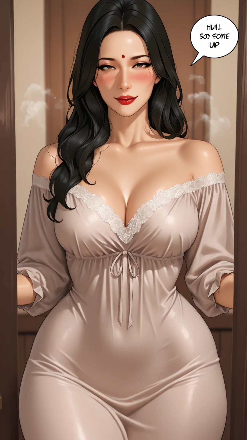 detailed illustration (side view),dynamic angle,ultra-detailed, detailed eyes, detailed face, 1girl, night , nightime, stars, 1940’s wife, button up blouse and long skirt, anime half closed eyes, lidded eyes, bedroom eyes, knowing smile, mischievous smile, smirk, standing in kitchen, domestic goddess, black hair, huge breasts, wholesome yet sexy, motherly, nurturing, MILF, glass sliding door, moonscape outside, dark blue eyes, highly detailed eyes, detailed eyes, bright eyes, long hair, wavy hair, red lips, buttons straining, cleavage too big