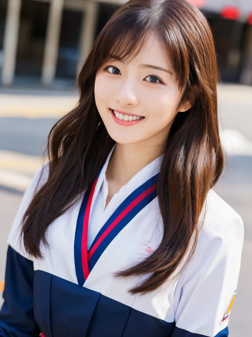 ((最high quality, 8K, masterpiece: 1.3)), (close:0.75), Realistic, Sharp focus, high quality, High resolution, Japanese middle-aged mature woman,Huge Busty Woman、26-year-old middle-aged woman、Chubby body type、Mature woman with huge breasts （Wearing JAL flight attendant uniform)、Cosplayers、 ((Very strong sunlight)), smile,Brown hair Sonyoung,かわいいsmile、Office district under the scorching sun、Cowboy Shot、In an image that emphasizes the chest area