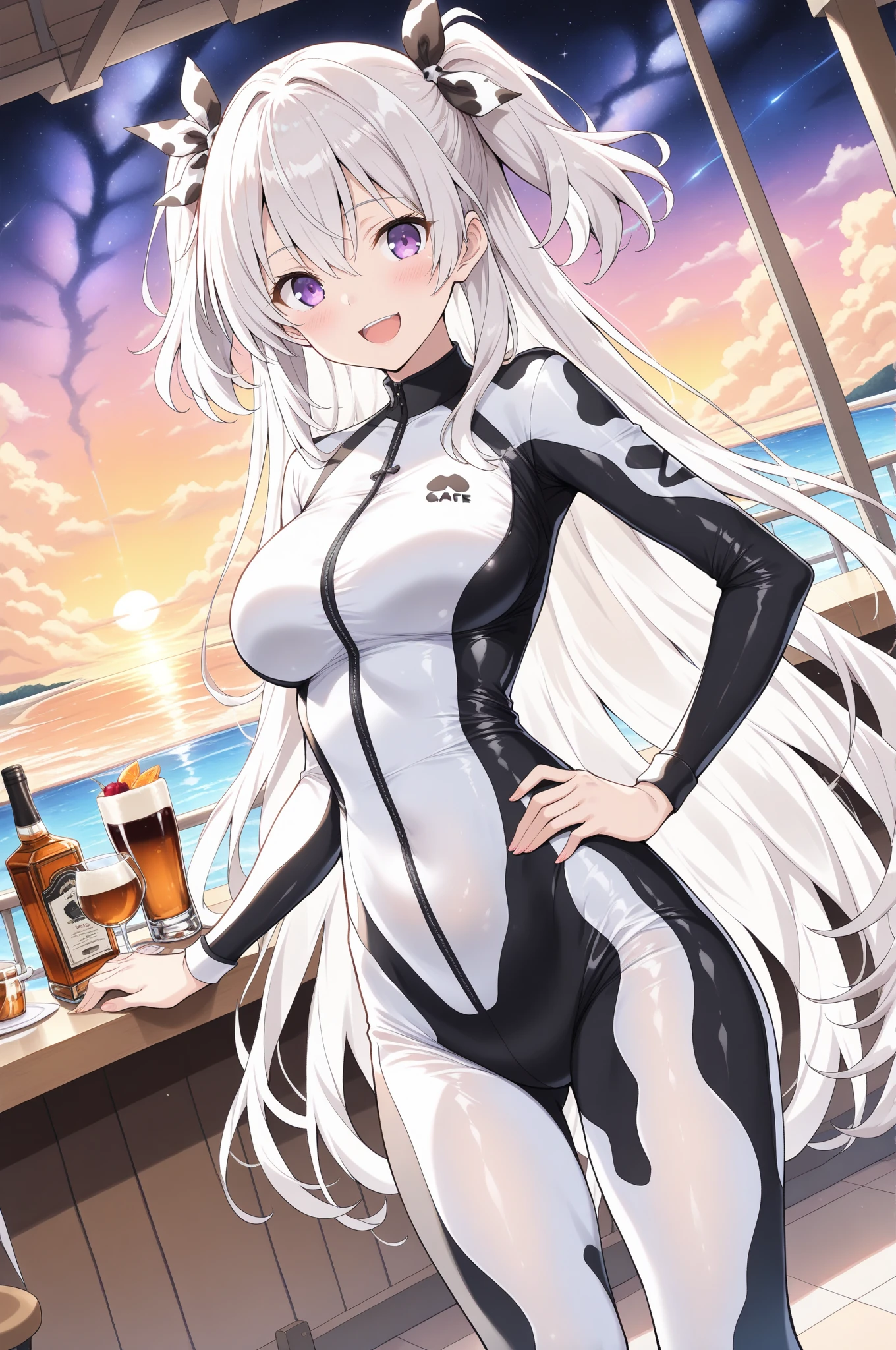 colorful, mature, 1girl, white hair, ((dark skin)), yellow eyes, see through bodysuit, swimsuit